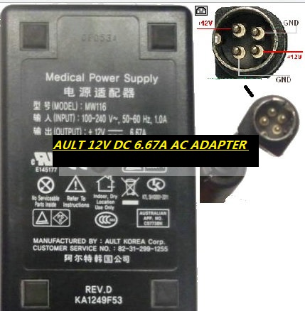 *Brand NEW* KA1249F53 AULT MW116 MW116KA1249F53 AC ADAPTER 12V DC 6.67A 4Pin for LCD Monitor Medical Power Sup